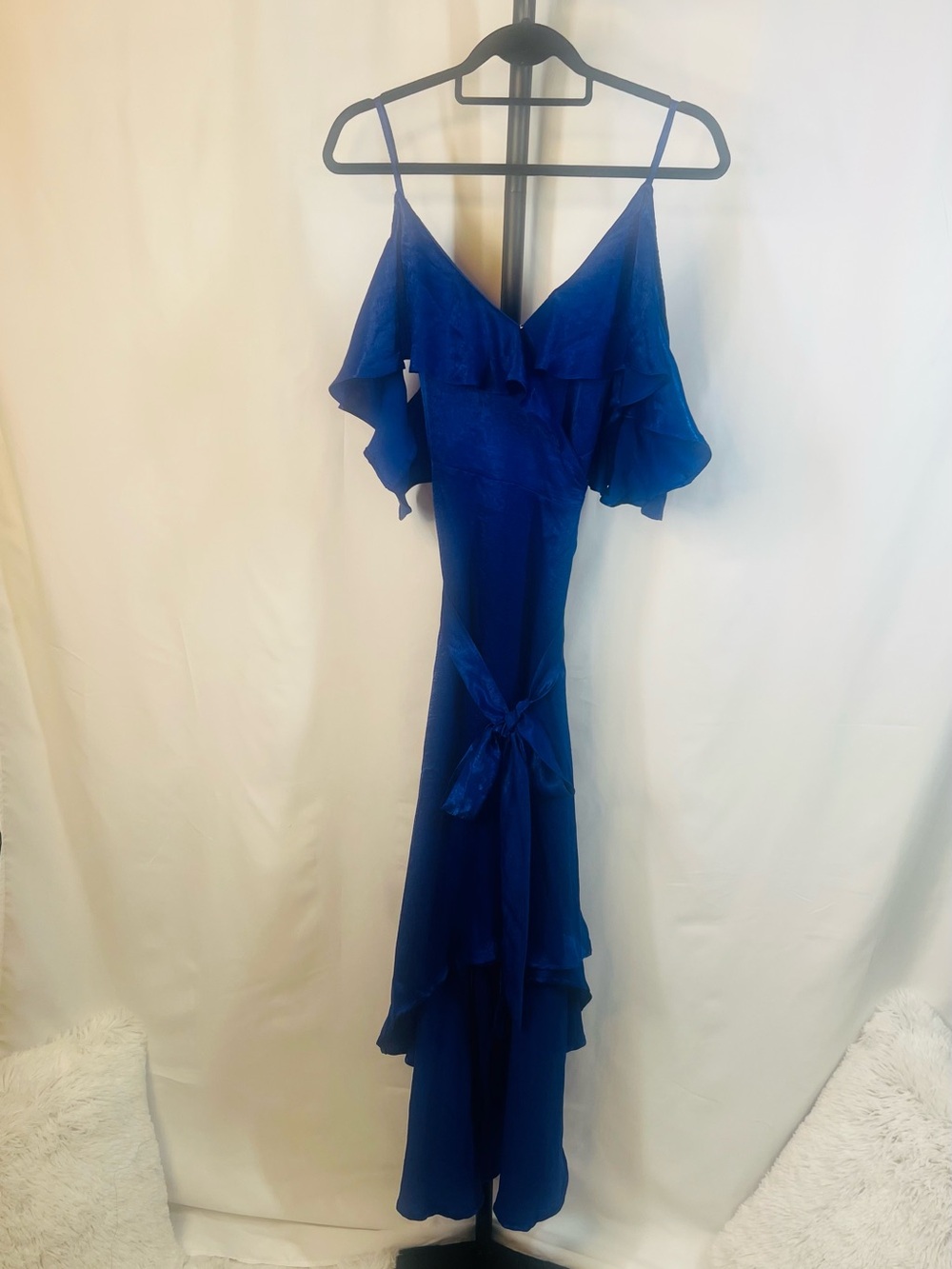 Ruffle V-Neck High-Low Dress in Royal Blue